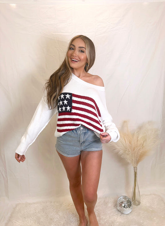Stars and Stripes Crochet Knit Sweater Top- White