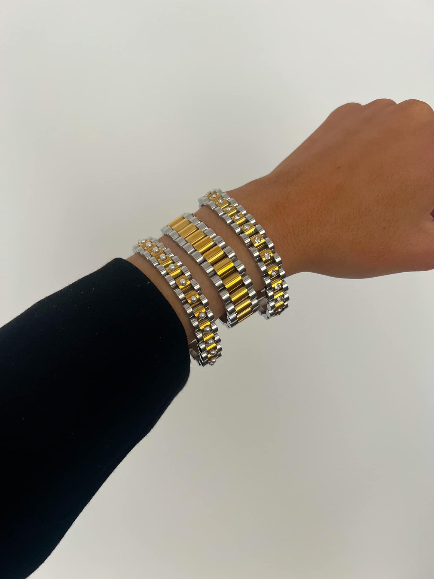 Pearl Studded Two-Toned Watch Band Bracelet