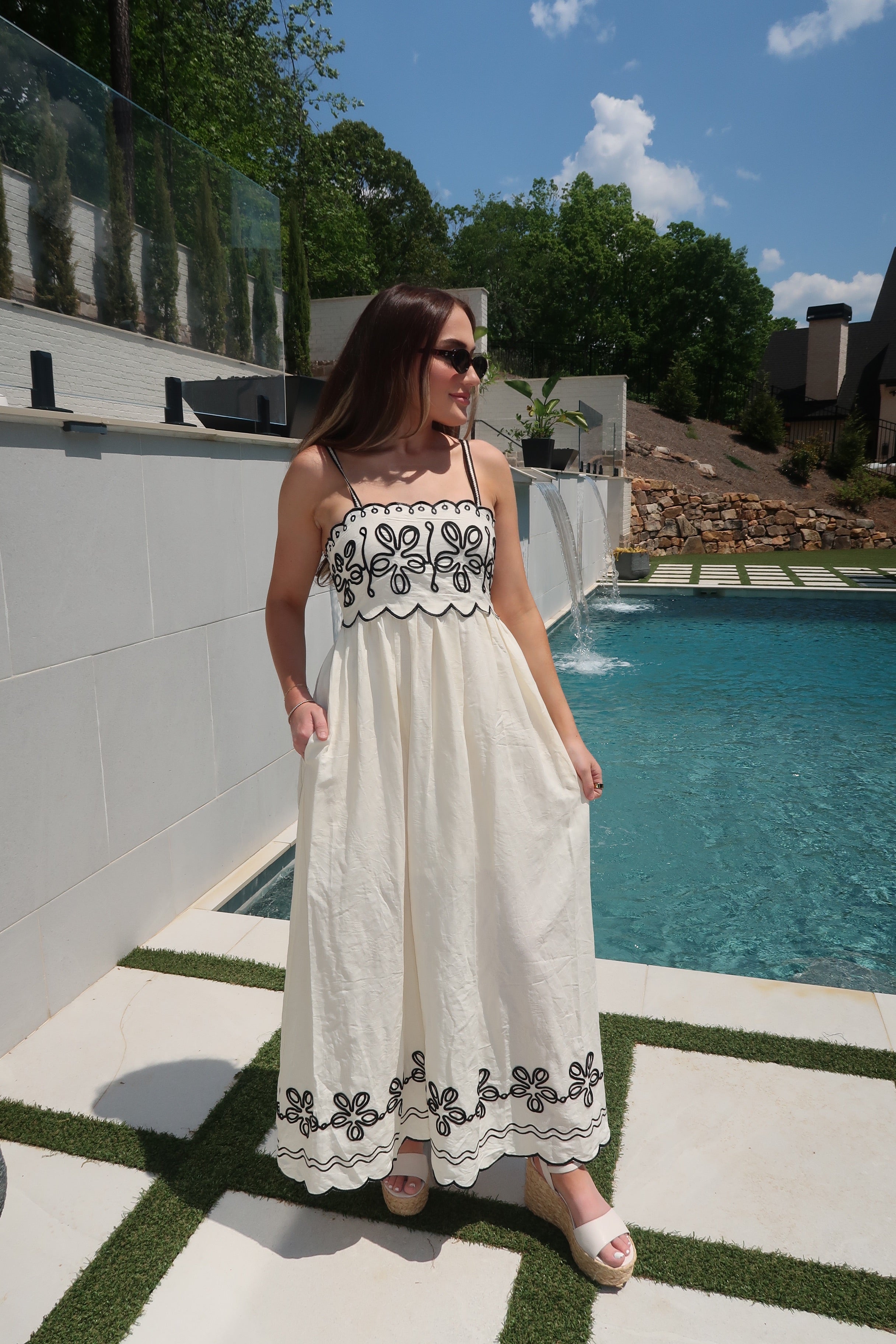 Marlowe Embroidered Maxi Dress With Contrast Detail- Cream/Black