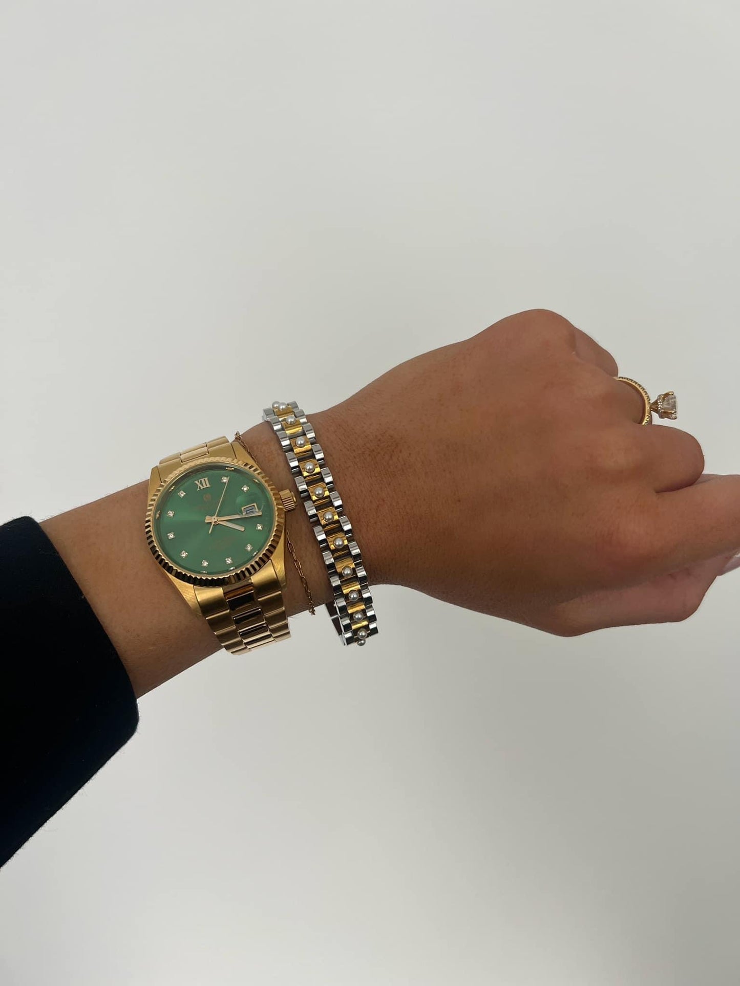 Pearl Studded Two-Toned Watch Band Bracelet