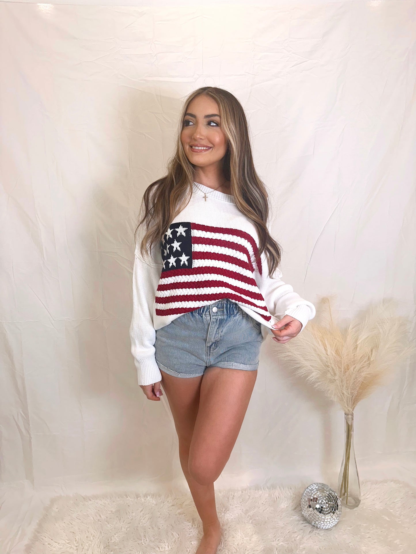 Stars and Stripes Crochet Knit Sweater Top- White
