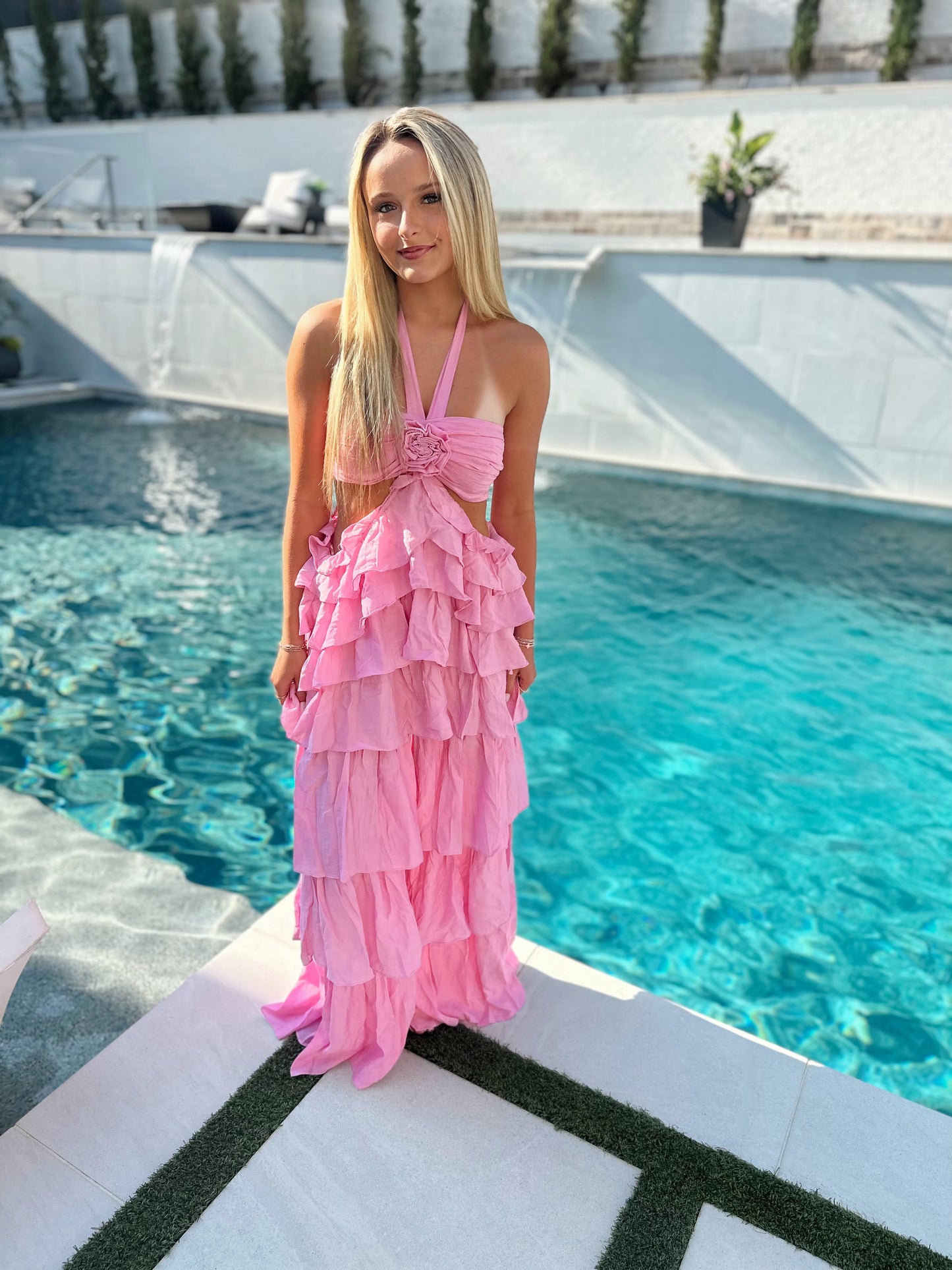 Casa Amor Rosette Halter Maxi Dress- Pink