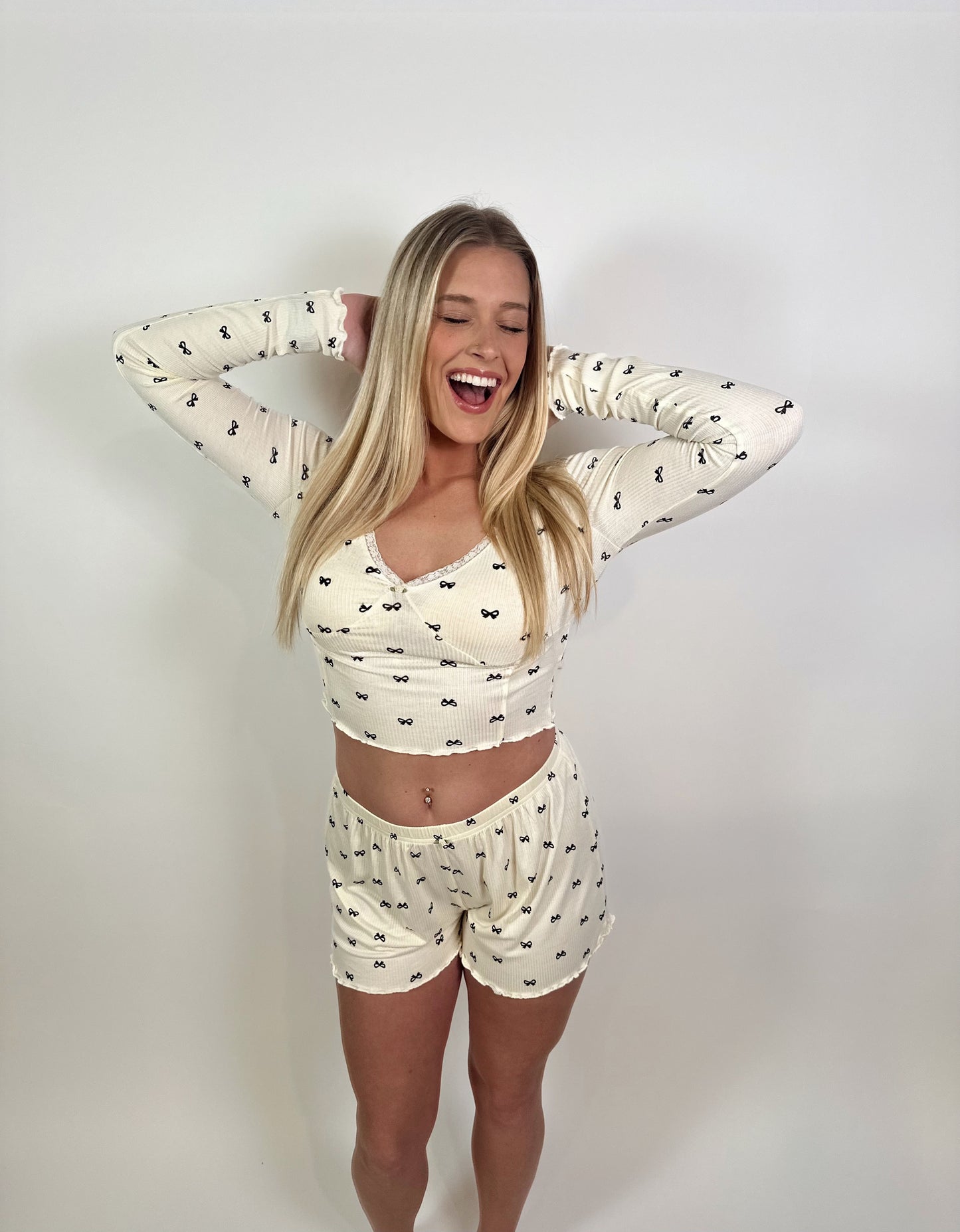 Bow Print Pajama Set- Ivory