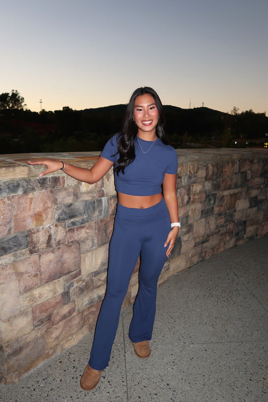 Allie Fold Over Flare Leggings- Navy