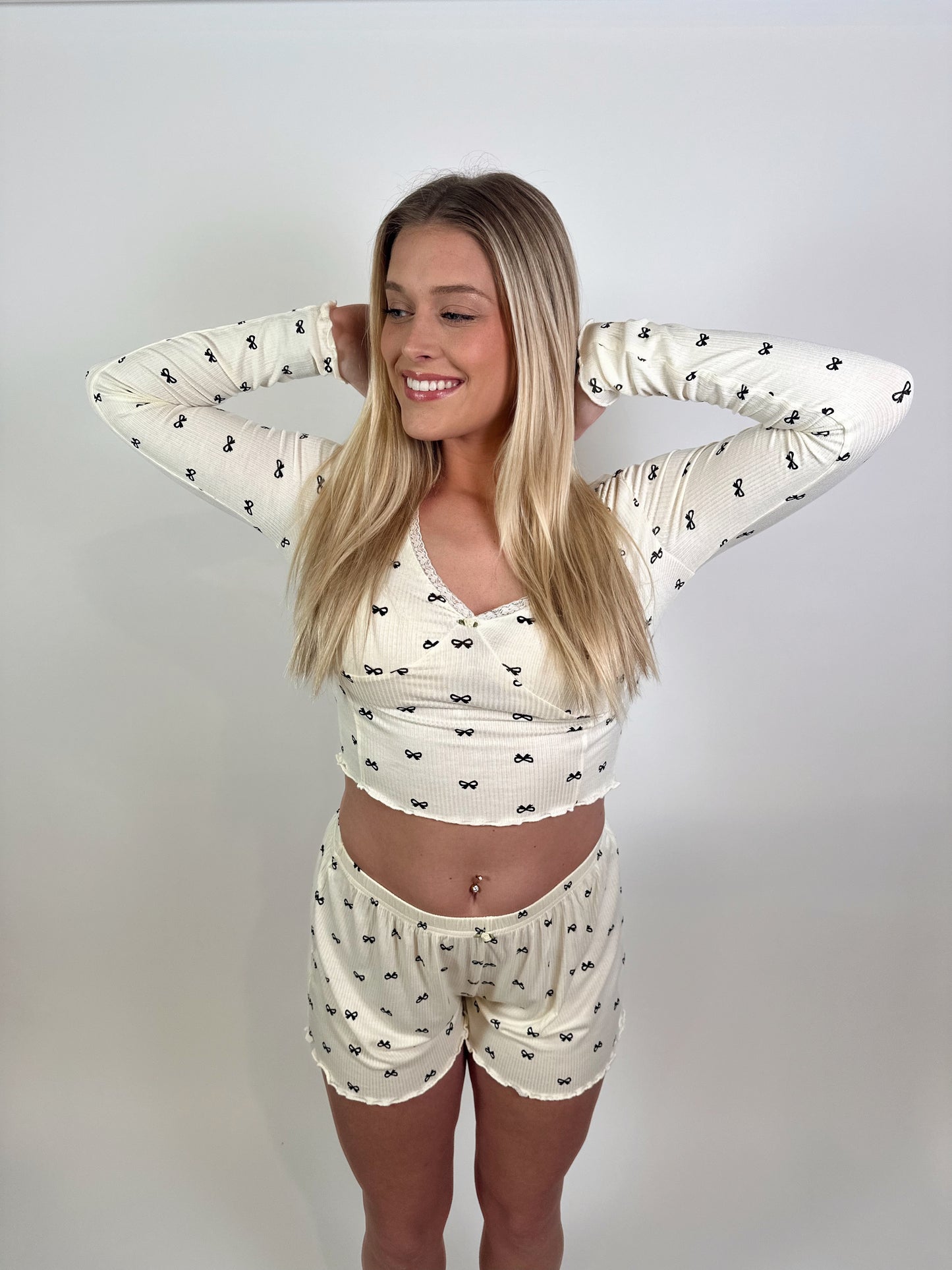 Bow Print Pajama Set- Ivory