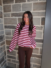 Josie Striped Sweater Cardigan- Burgundy/Pink