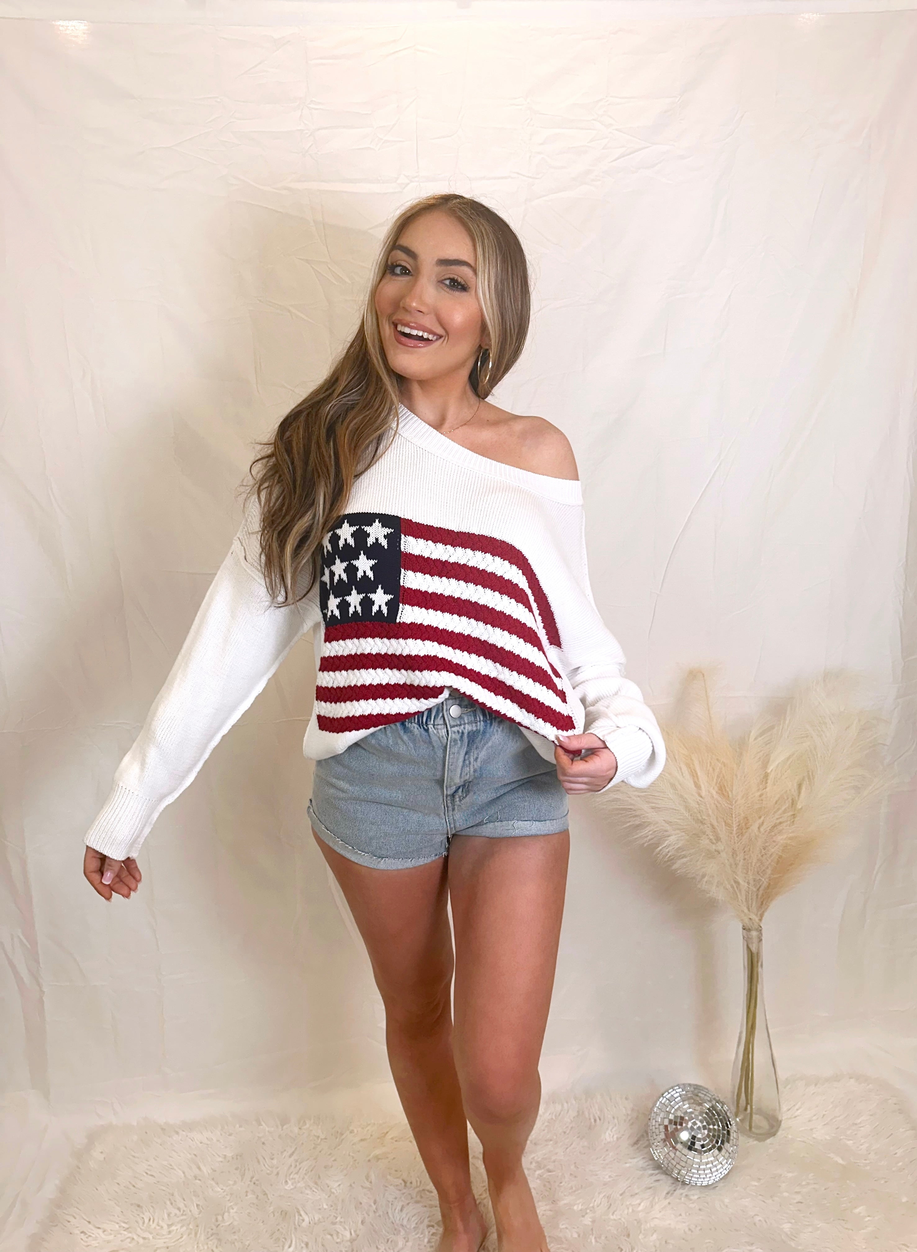 Stars and Stripes Crochet Knit Sweater Top- White