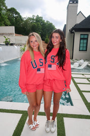 USA Flag Sweatshirt- Red