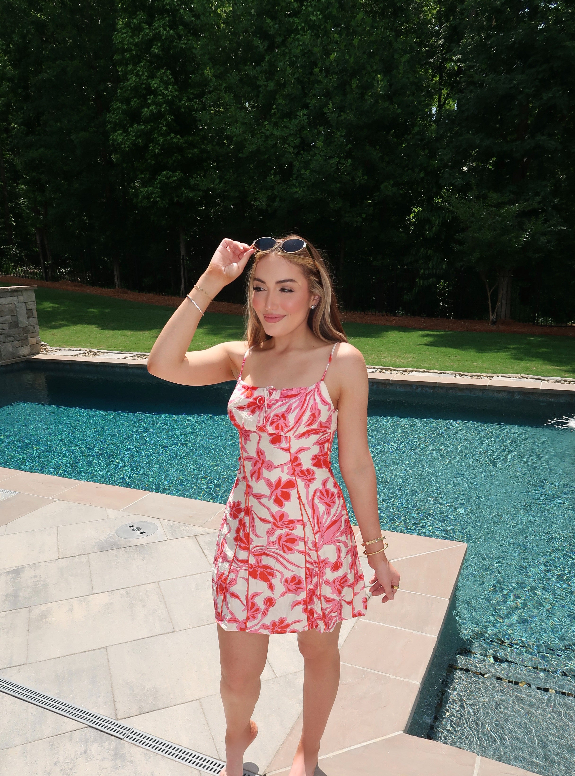 Indie Floral Mini Dress- Ivory/Red