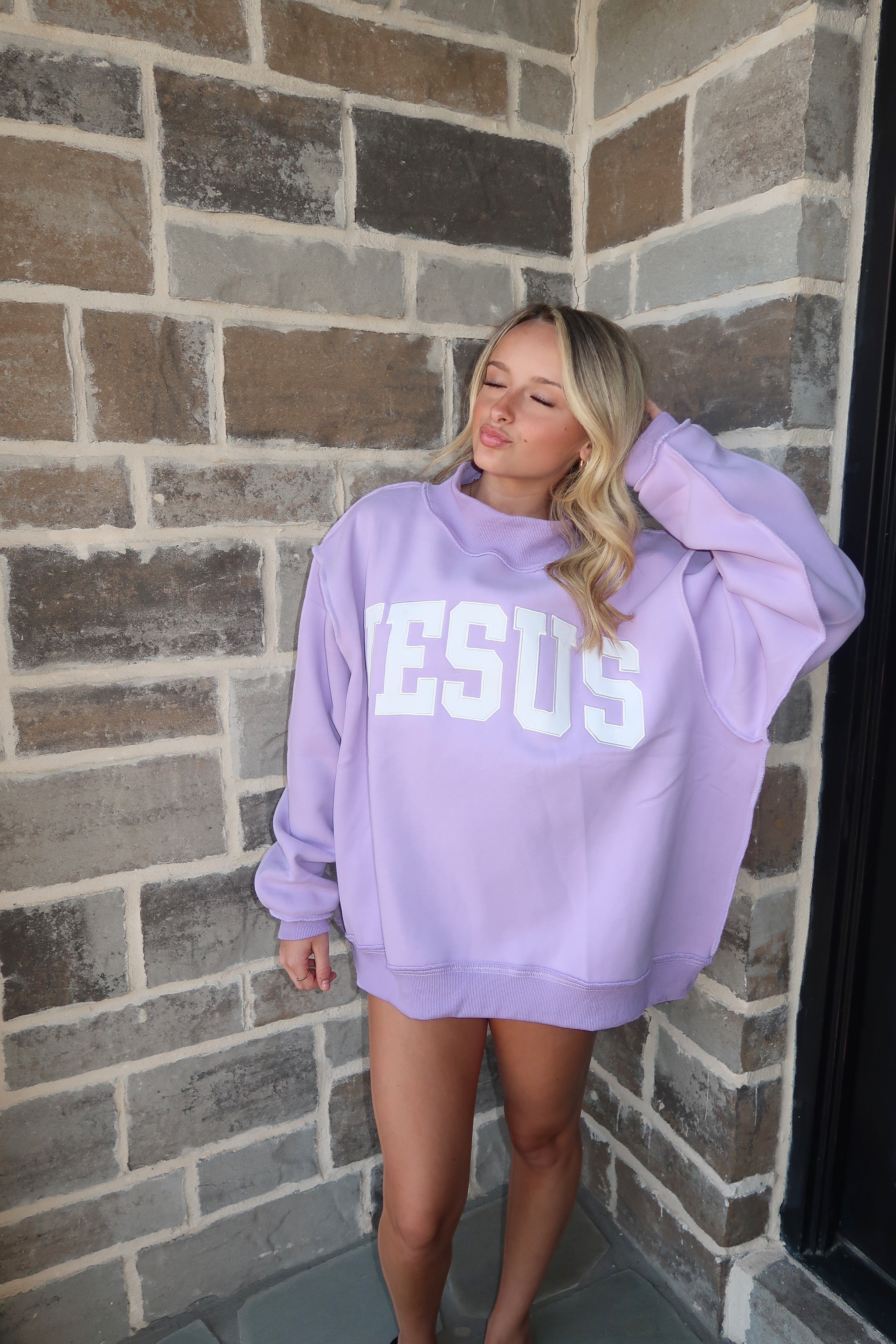 Jesus Embroidered Mockneck Sweatshirt- Lavender