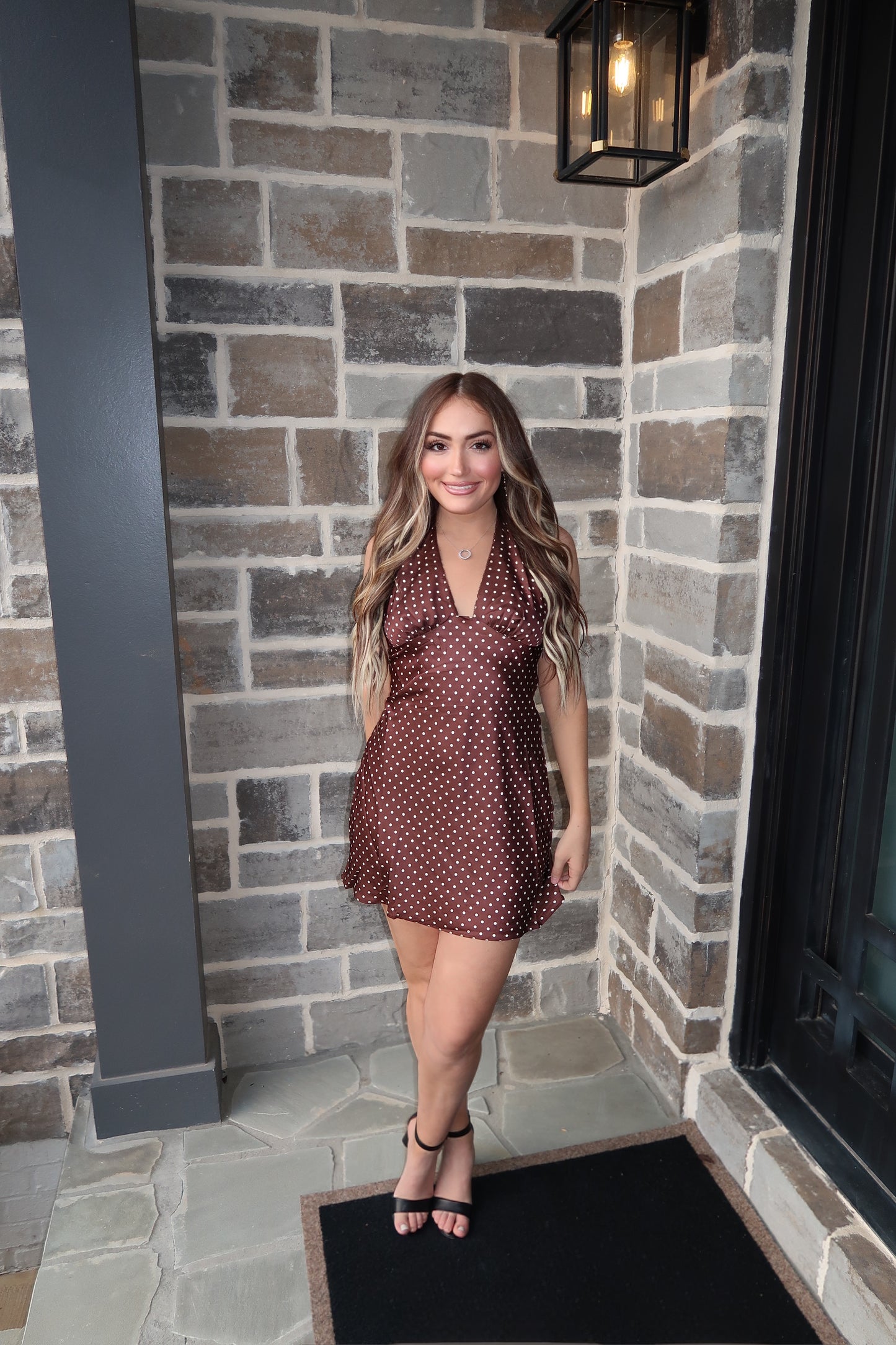 Fiona Polka Dot Halter Mini Dress- Chocolate