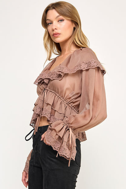 Colette Chiffon Lace Ruffle Long Sleeve Top- Mocha