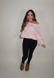 Camille Striped Knit Off The Shoulder Sweater- Pink