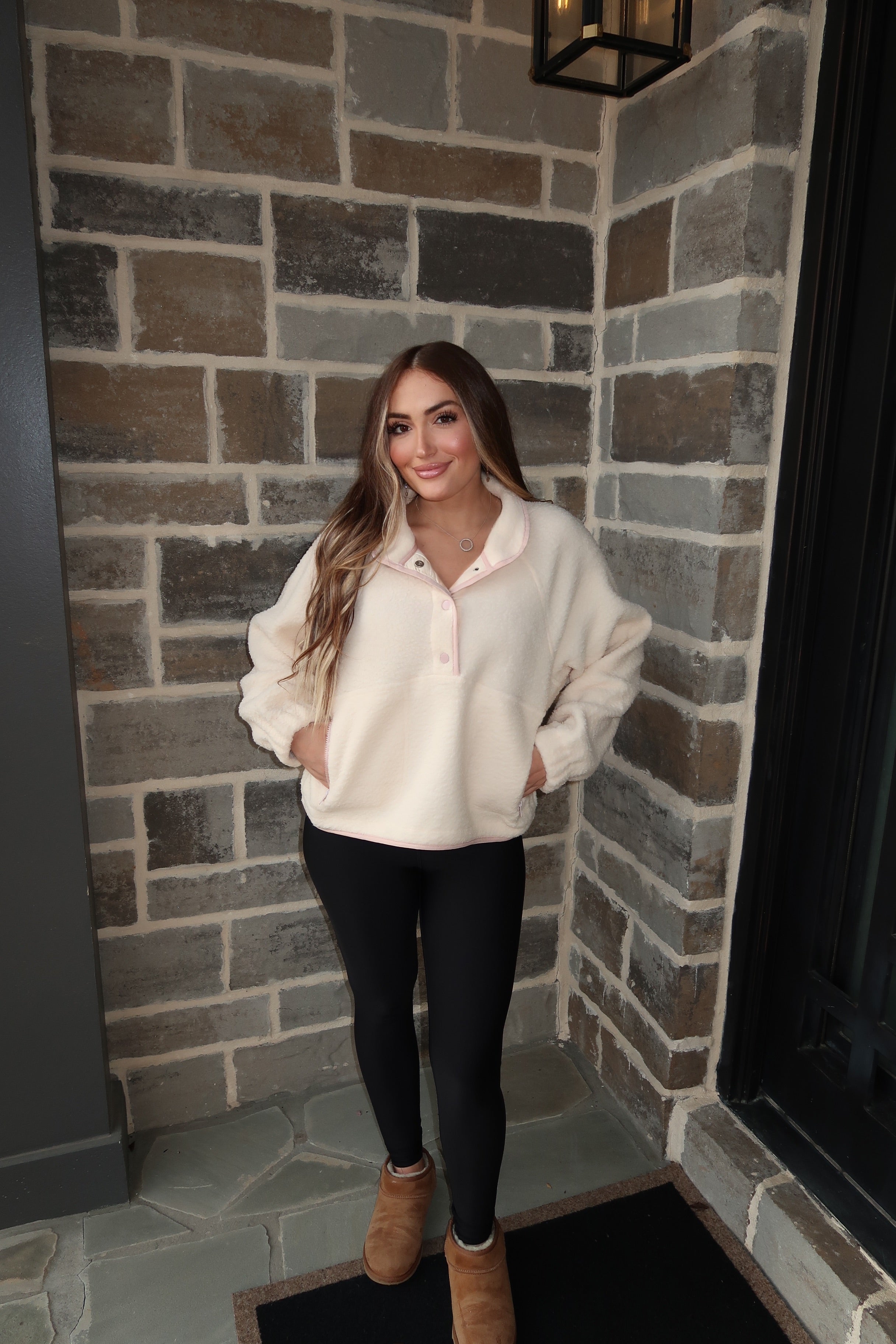 Cassie Fleece Button Top- Ivory/Pink