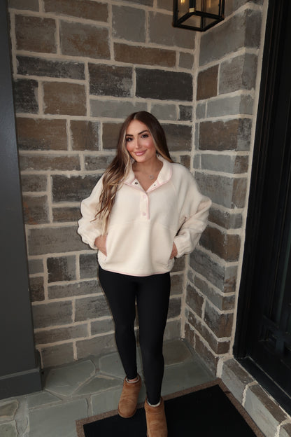 Cassie Fleece Button Top- Ivory/Pink