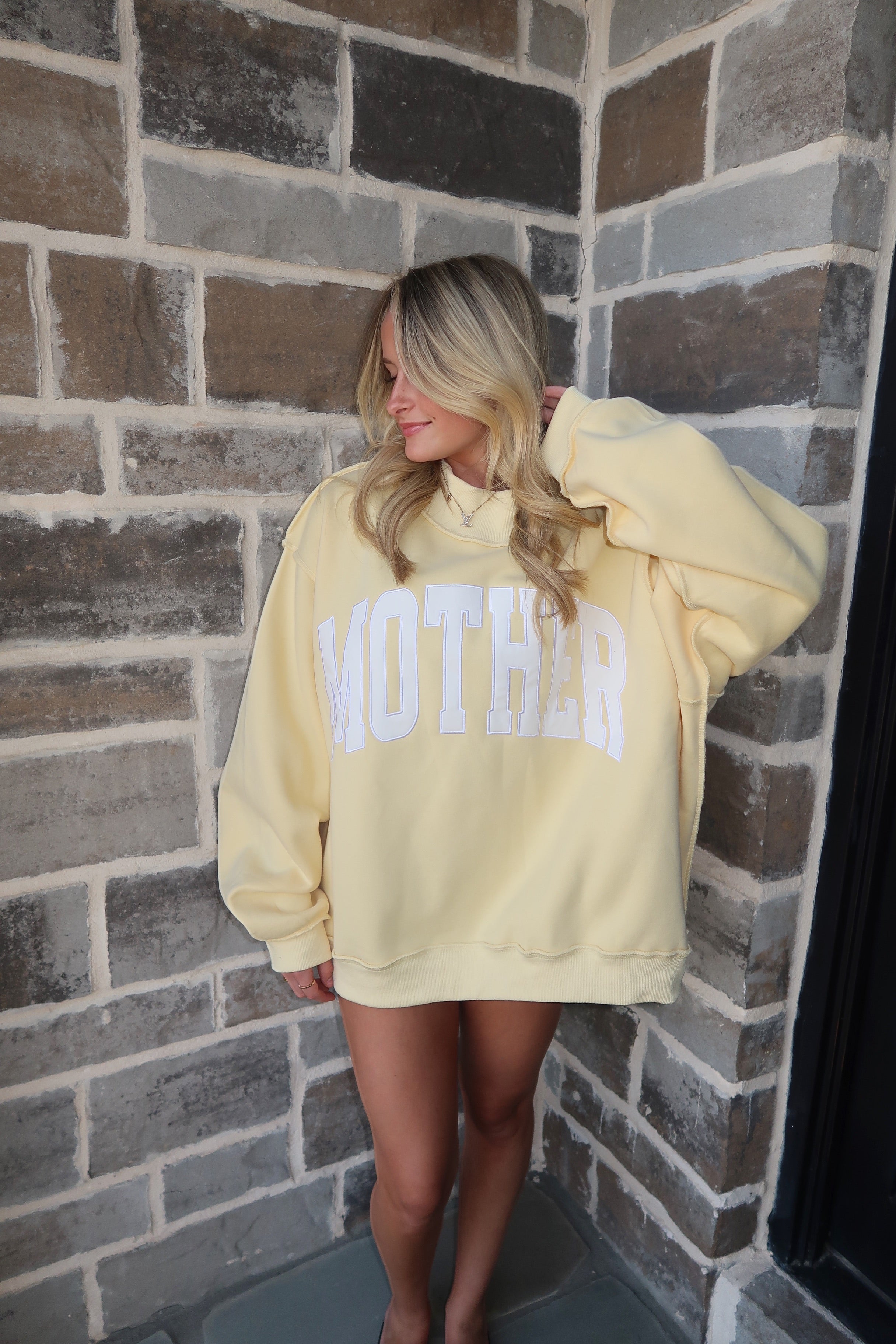 Mother Embroidered Mockneck Sweatshirt- Butter Yellow