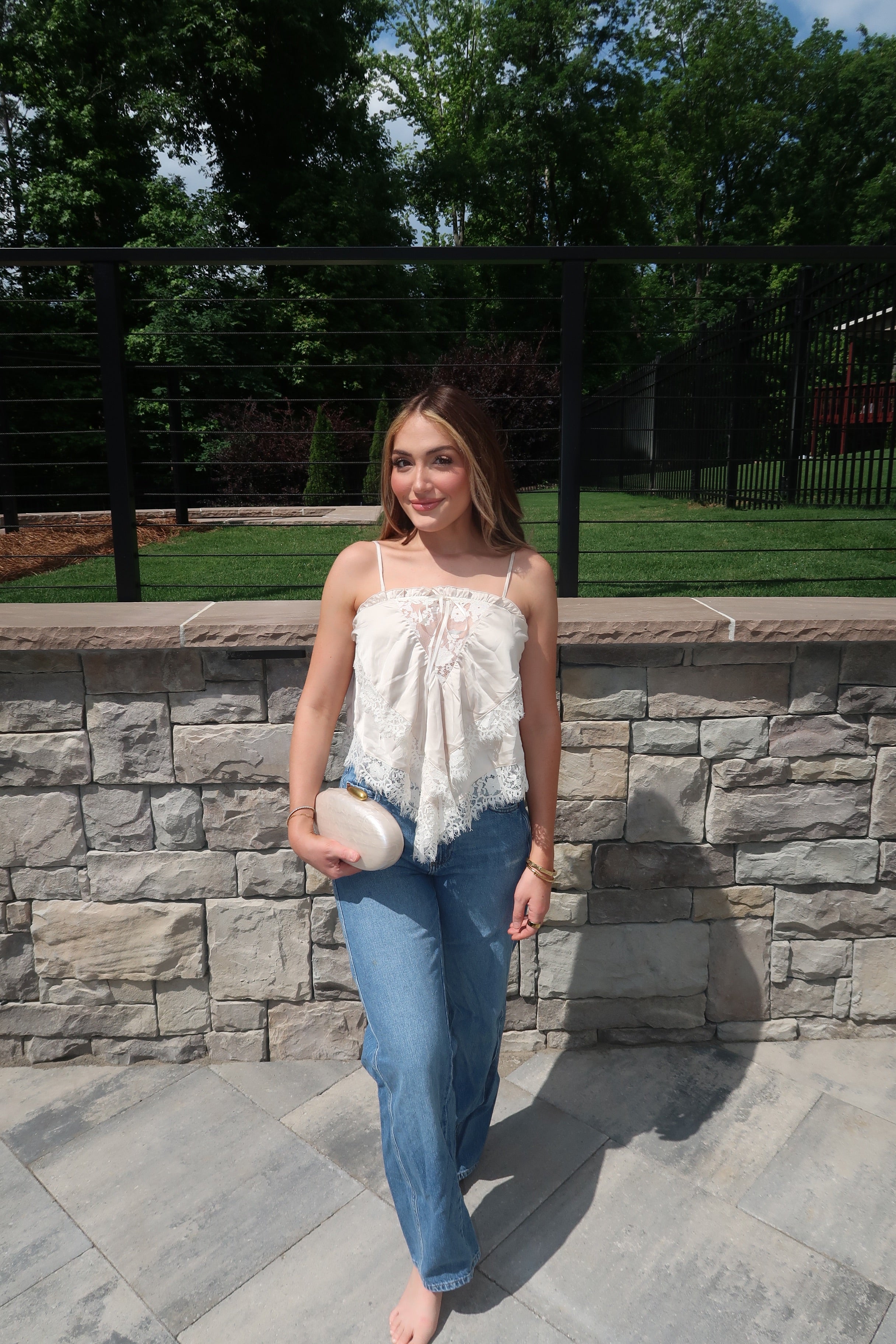 Sabrina Silk and Lace Ruffle Tank Top- Cream
