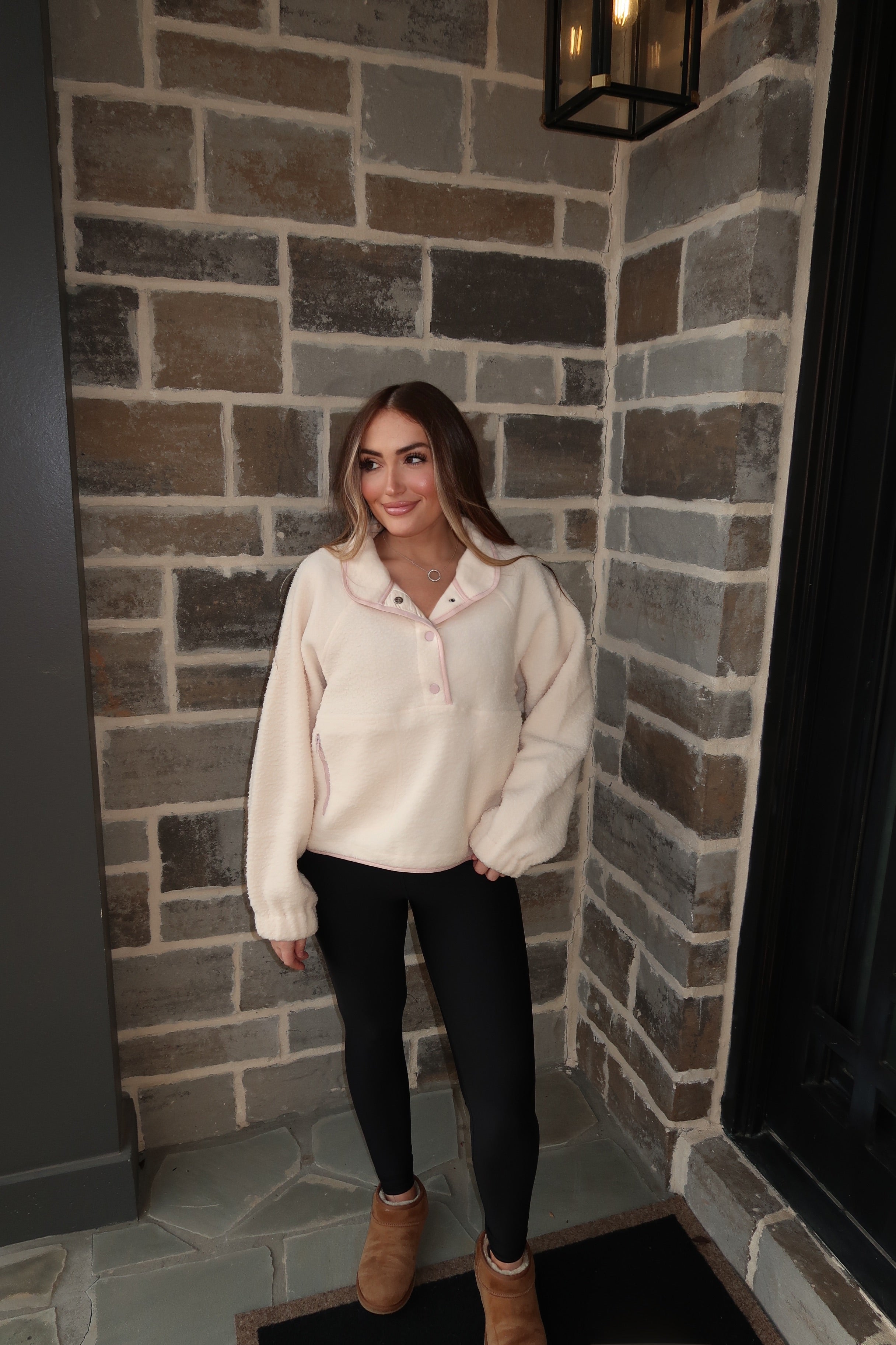 Cassie Fleece Button Top- Ivory/Pink