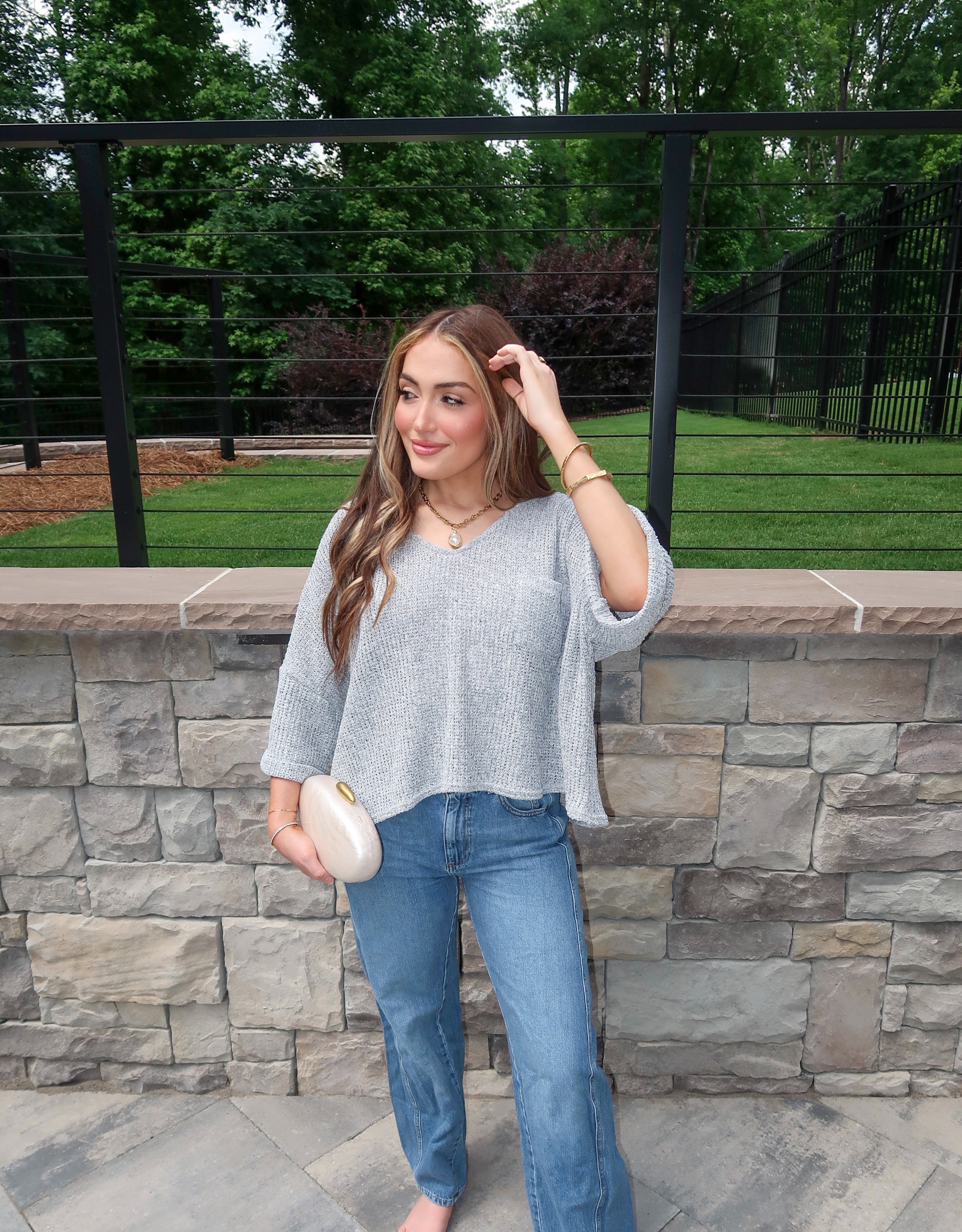 Blayke Short Roll-Up Sleeve V-Neck Top- Grey