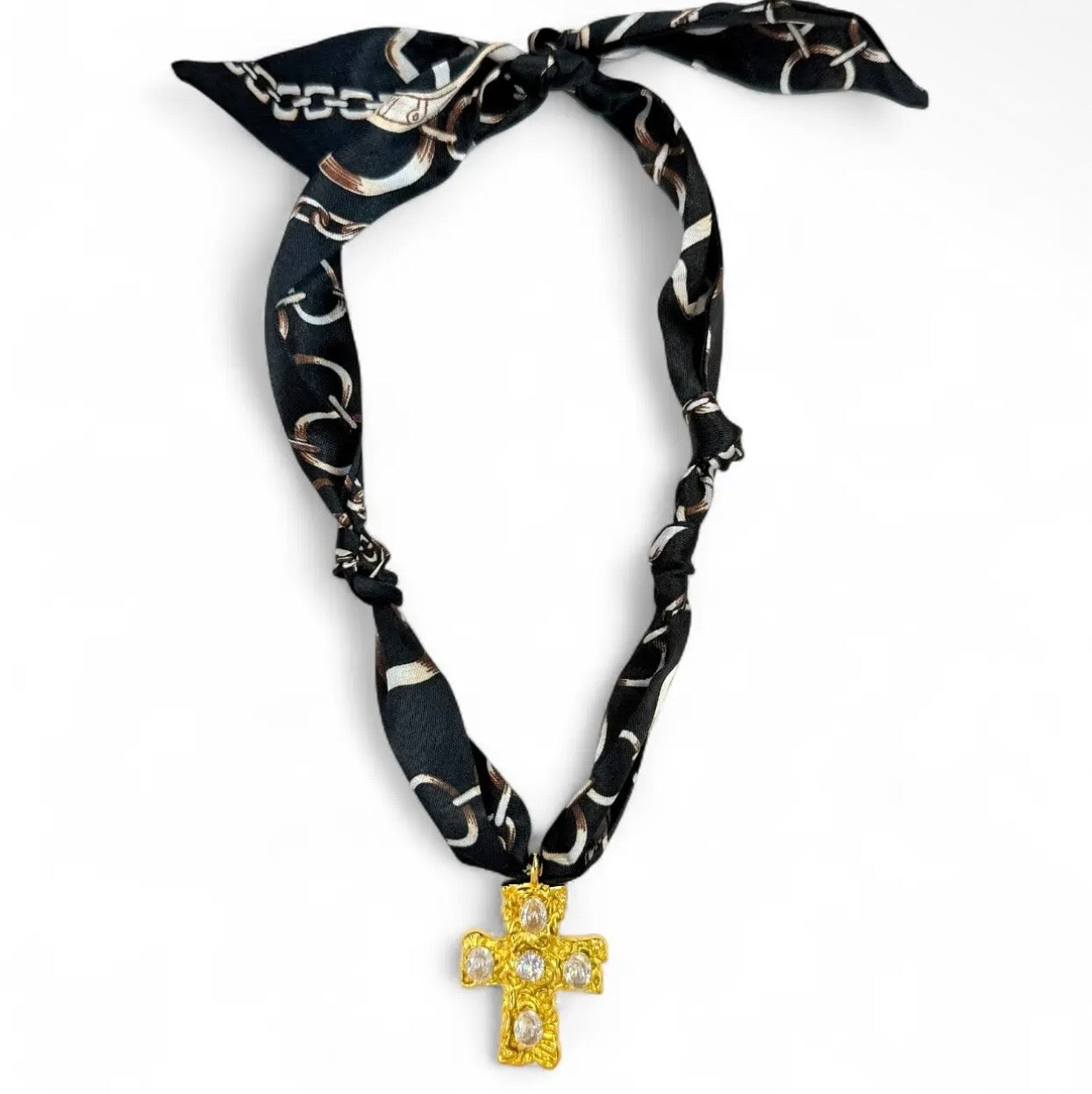 Cross Scarf Necklace- Black/Gold