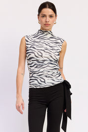 Talia Zebra Print High Neck Tank Top- Charcoal/Cream