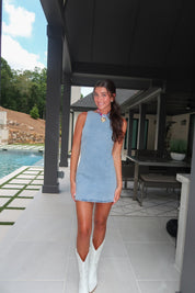 Sleeveless High Neck Denim Mini Dress- Denim