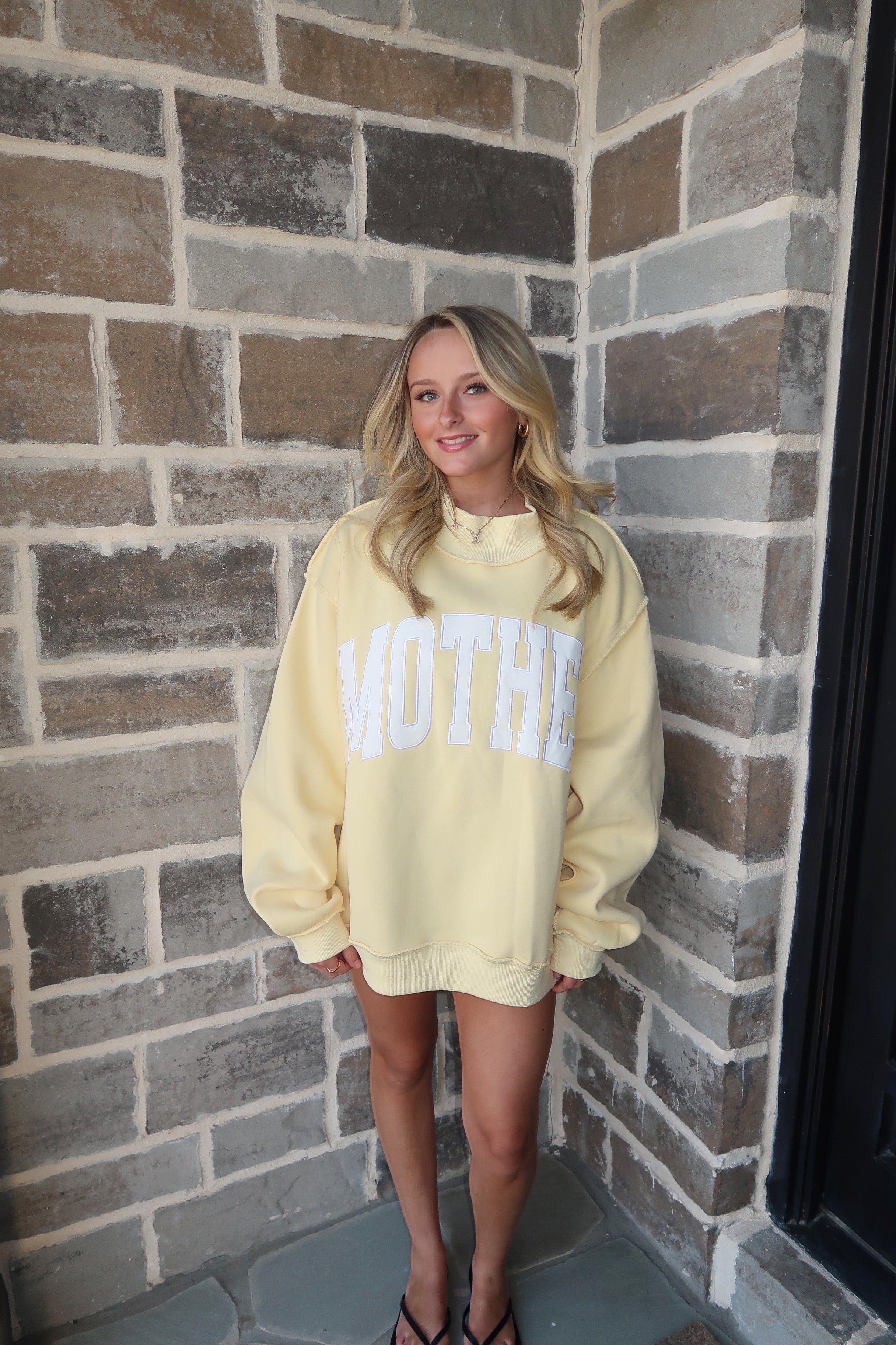 Mother Embroidered Mockneck Sweatshirt- Butter Yellow