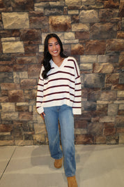 Remi Striped Sweater Knit Cardigan Top- Ivory/Burgundy