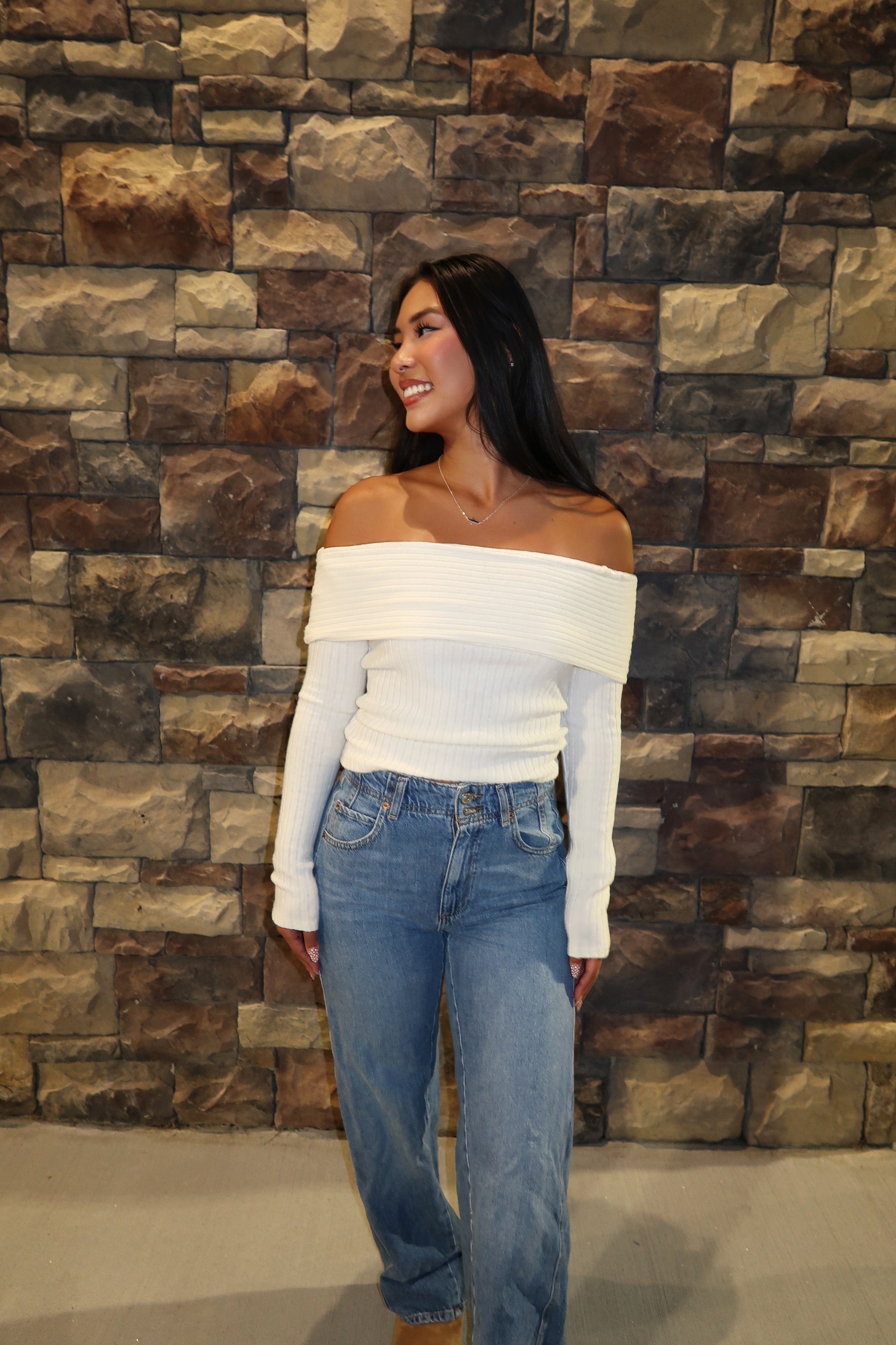 Reese Off Shoulder Sweater- Bone