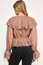 Colette Chiffon Lace Ruffle Long Sleeve Top- Mocha