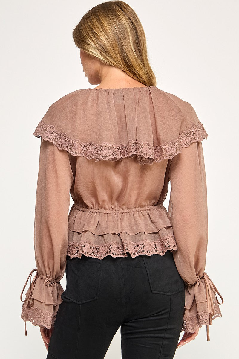 Colette Chiffon Lace Ruffle Long Sleeve Top- Mocha