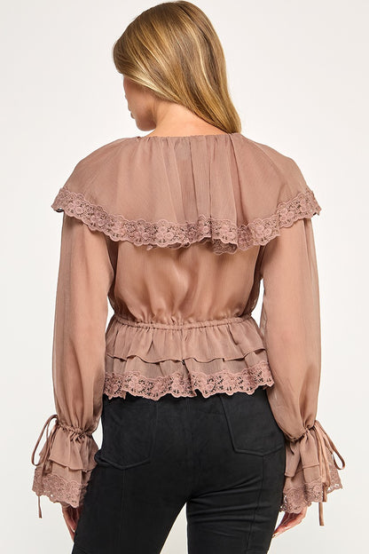 Colette Chiffon Lace Ruffle Long Sleeve Top- Mocha