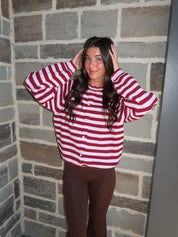 Josie Striped Sweater Cardigan- Burgundy/Pink
