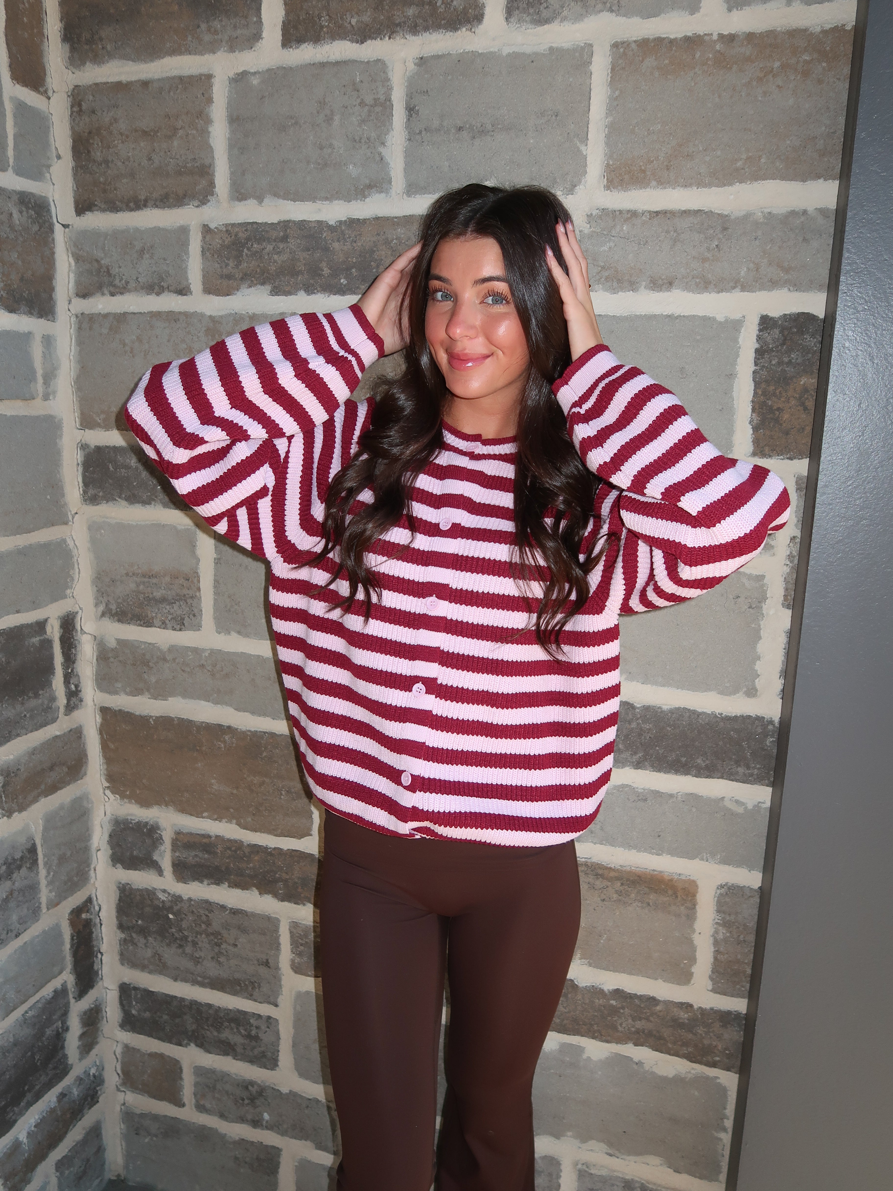 Josie Striped Sweater Cardigan- Burgundy/Pink
