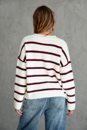 Remi Striped Sweater Knit Cardigan Top- Ivory/Burgundy