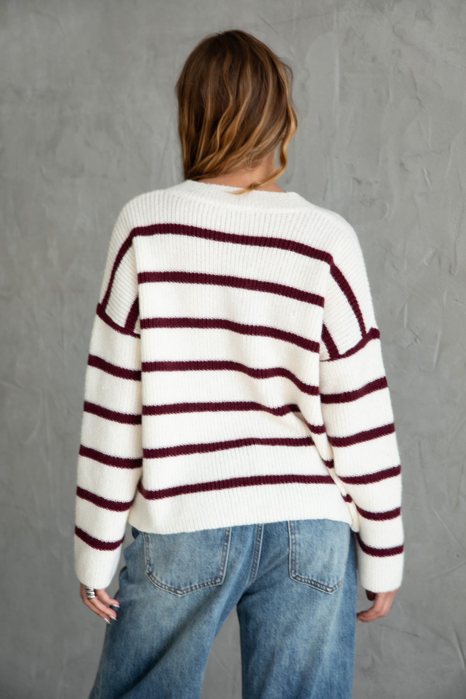 Remi Striped Sweater Knit Cardigan Top- Ivory/Burgundy