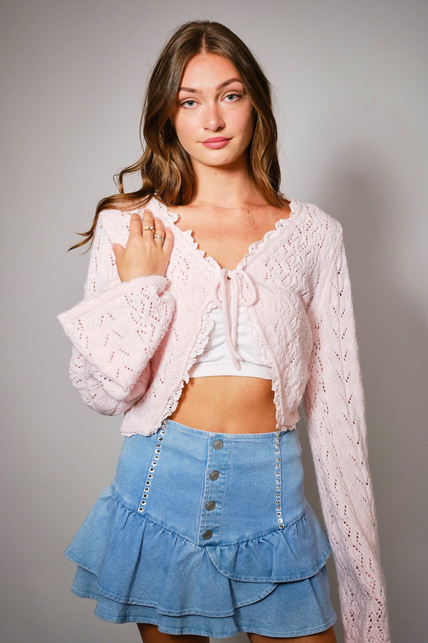 Alice Open Knit Tie Front Shrug- Baby Pink