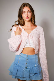 Alice Open Knit Tie Front Shrug- Baby Pink