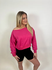 Gwynn Off Shoulder Cropped Sweater- Hot Pink