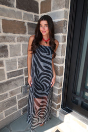 Vesper Zebra Print Sheer Overlay Maxi Dress- Grey/Black