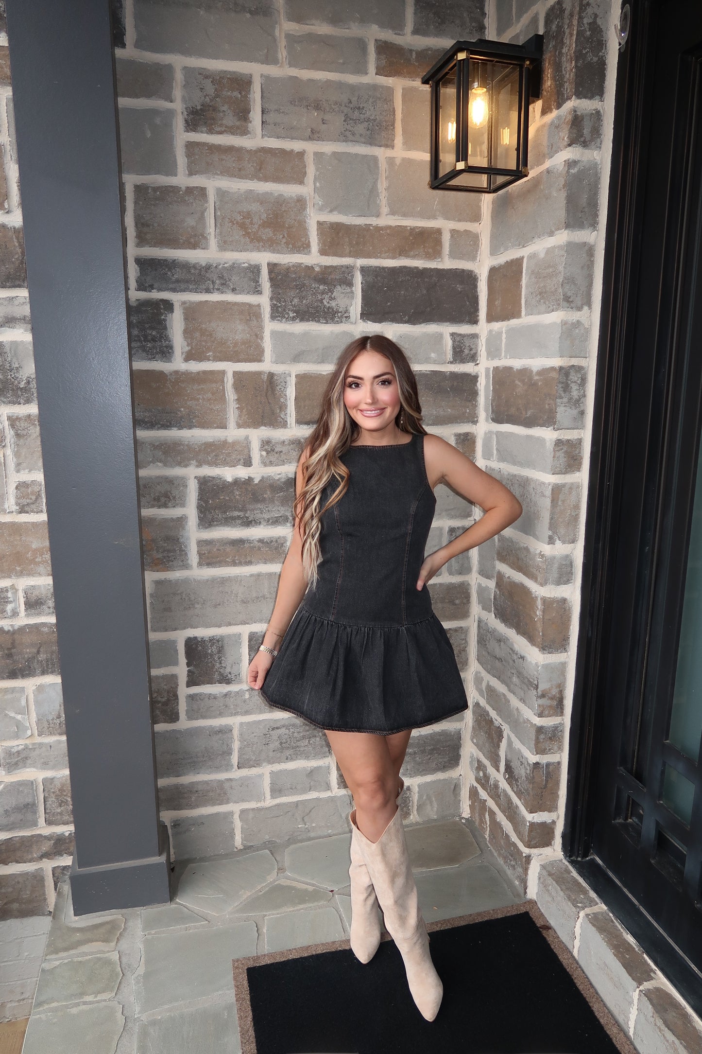 Jane Denim Bubble Hem Dress- Black Denim