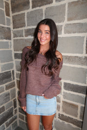 Baylor Off Shoulder Bubble Sweater- Chocolate