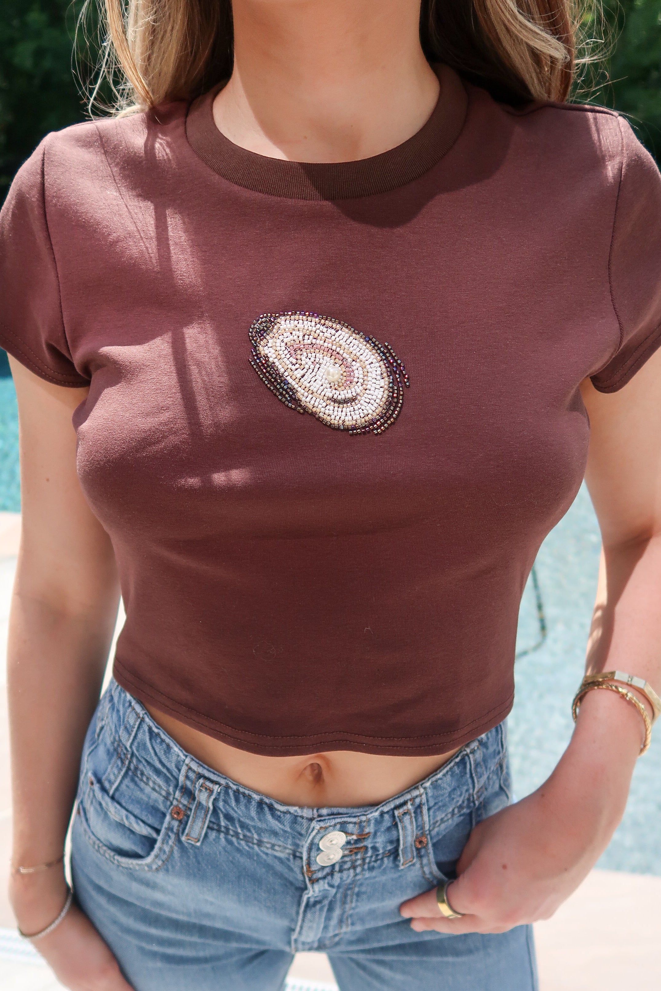 Oyster Beaded Embroidered Baby Tee- Chocolate