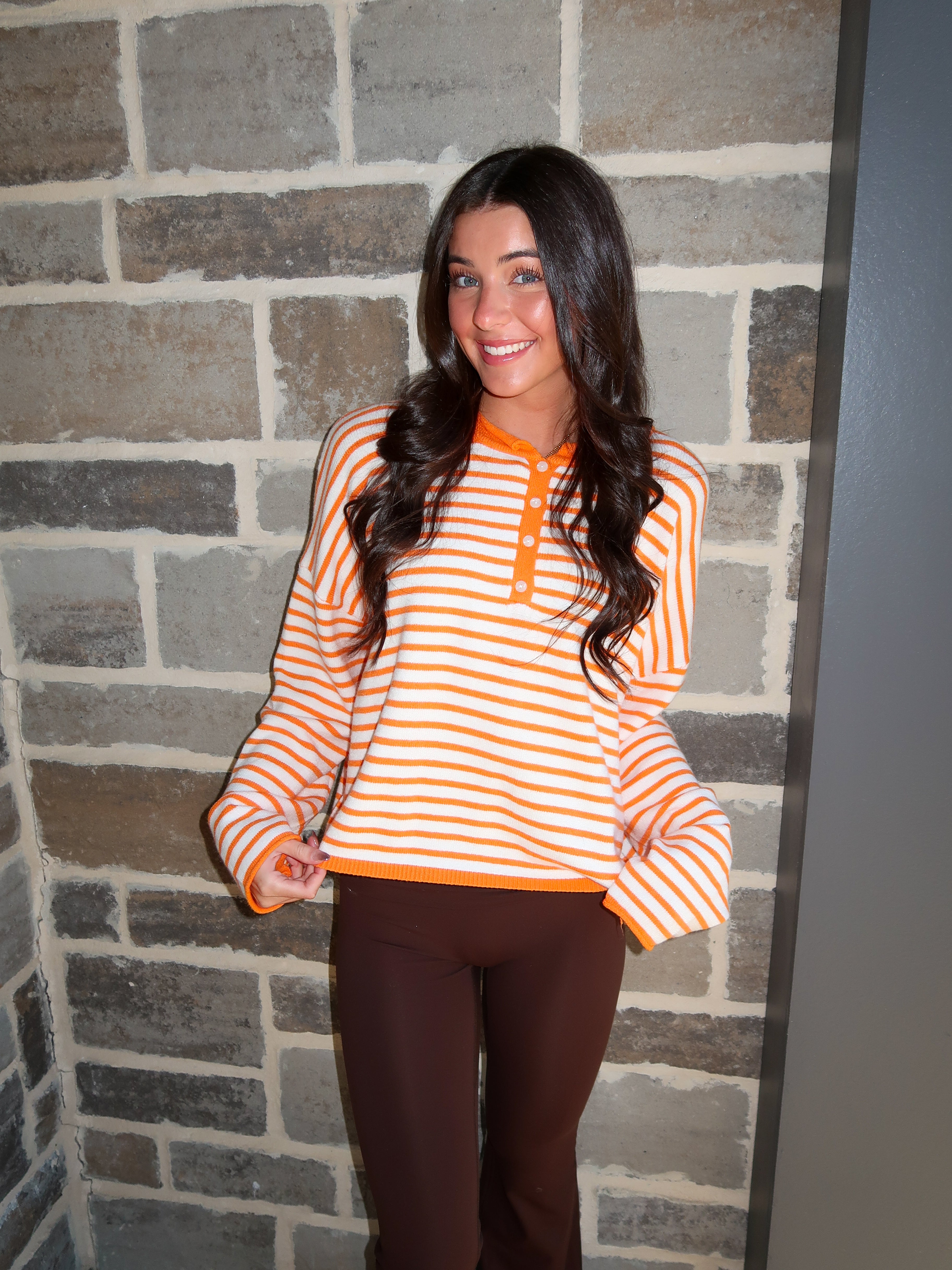 Harlow Striped Henley Knit Top- Sunkist