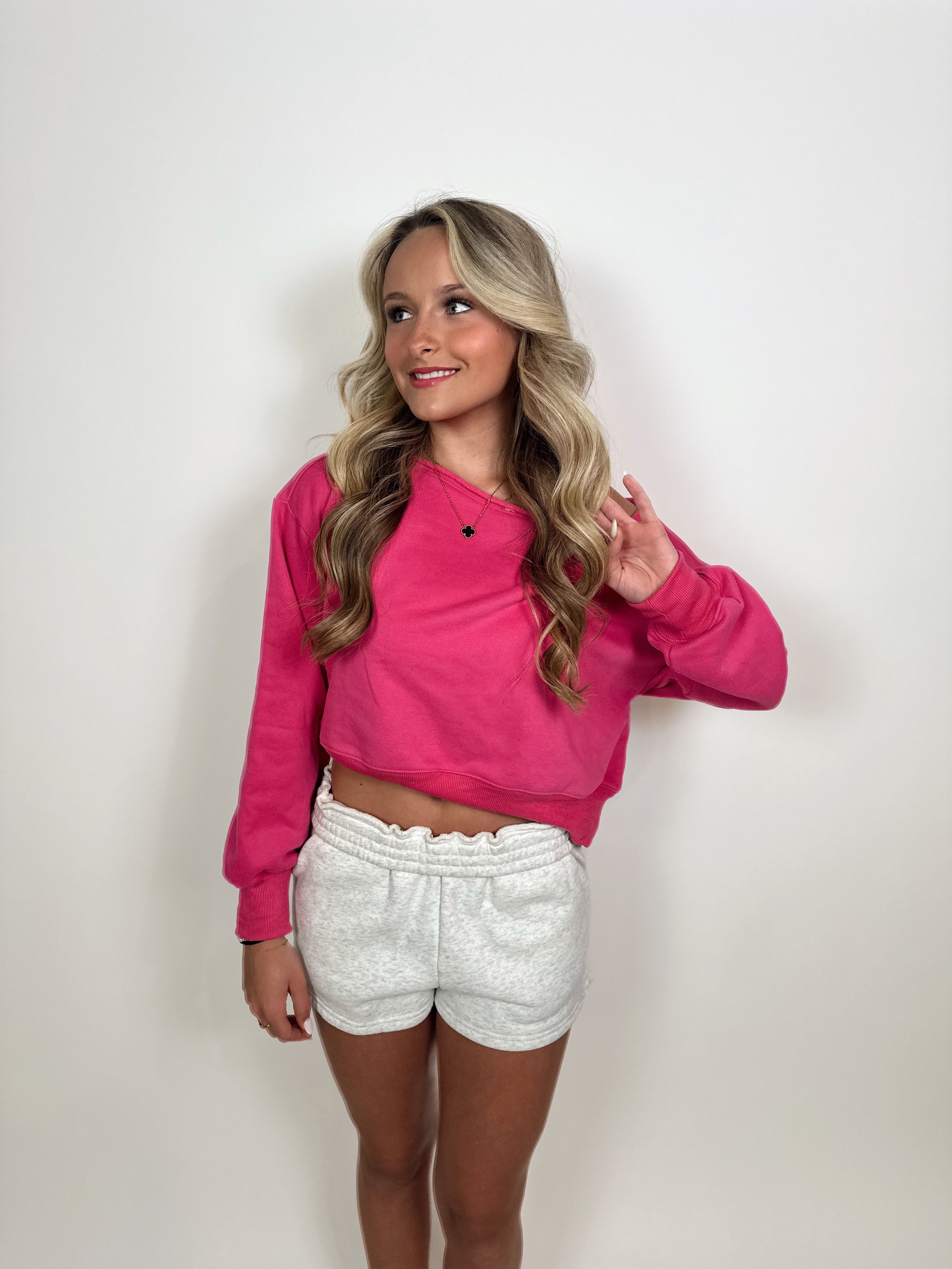Gwynn Off Shoulder Cropped Sweater- Hot Pink