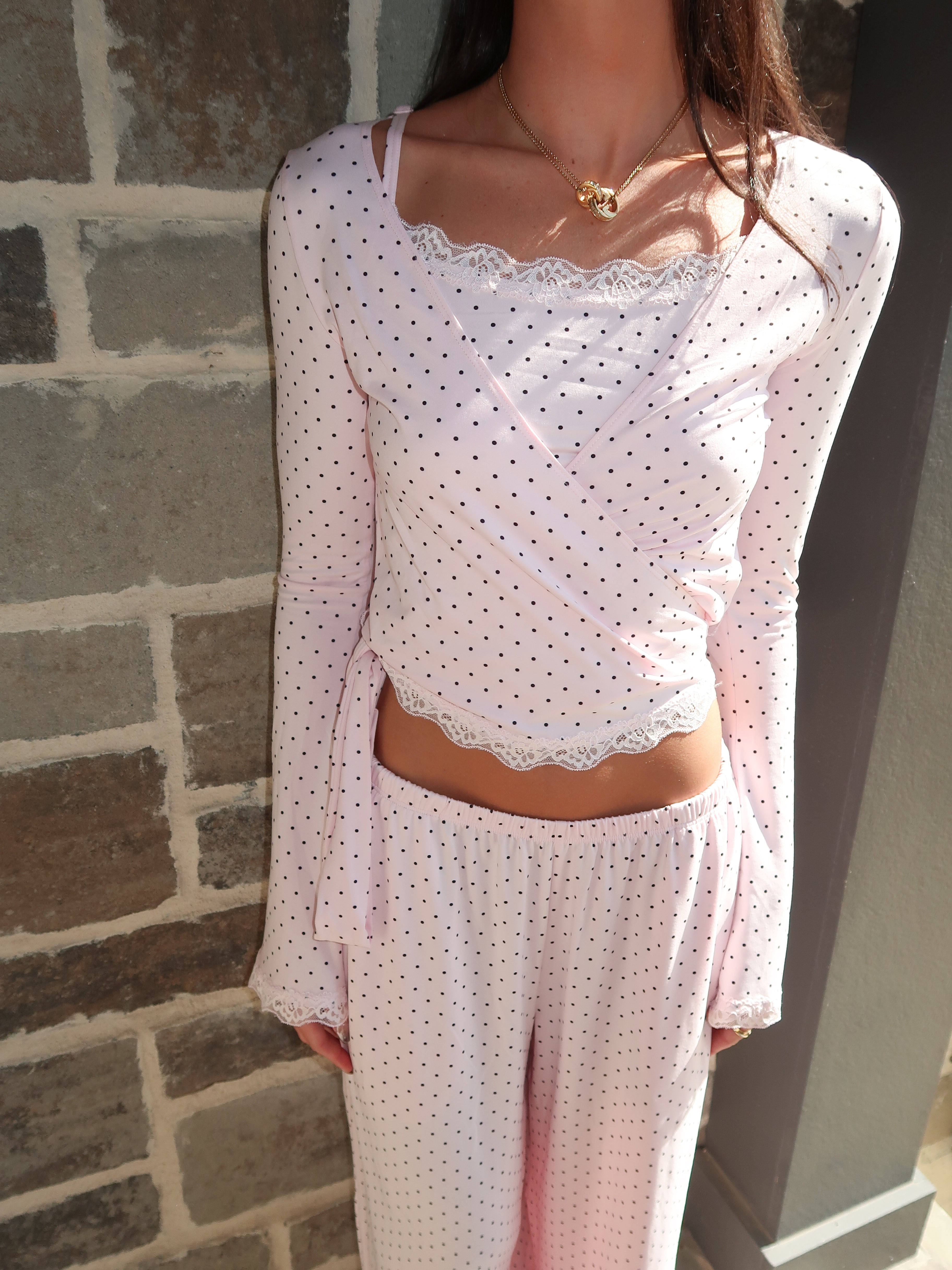 Loren Polka Dot V-Neck Wrap Top – Pink/Black