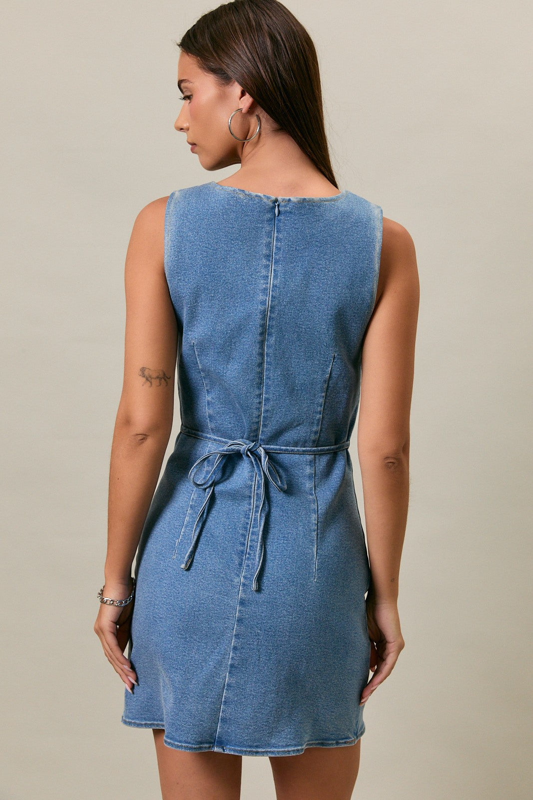 Sleeveless High Neck Denim Mini Dress- Denim