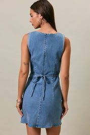 Sleeveless High Neck Denim Mini Dress- Denim