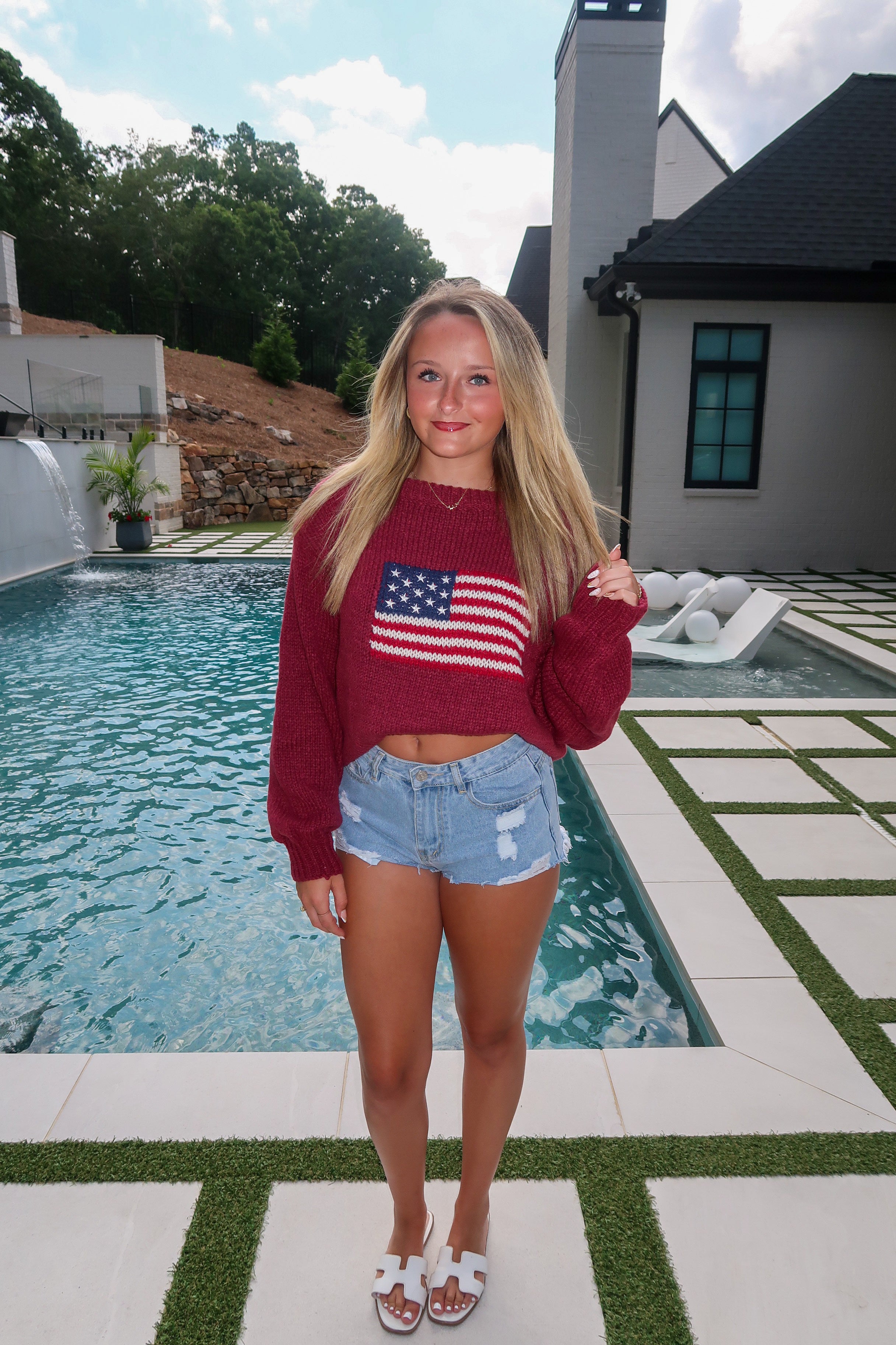 Bryn American Flag Ribbed Knit Sweater- Burgundy