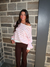 Camille Striped Knit Off The Shoulder Sweater- Pink